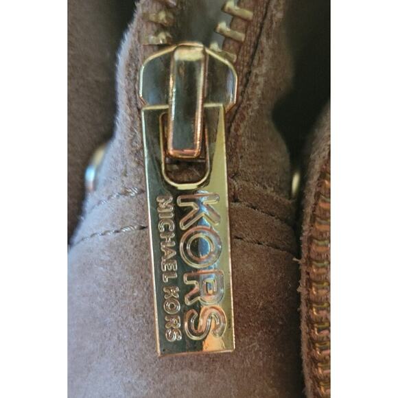 Boots Michael Kors Women 10M Suede Tan Shearling Wedge Gold MK Zipper 4.5in Heel - Picture 13 of 13